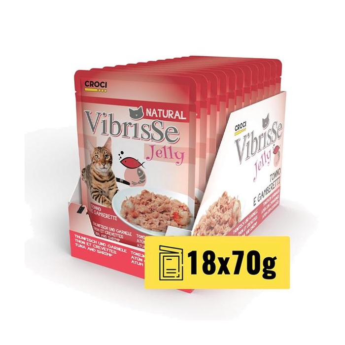 Vibrisse želė katėms su tunu ir krevetėmis, 70 g x 18