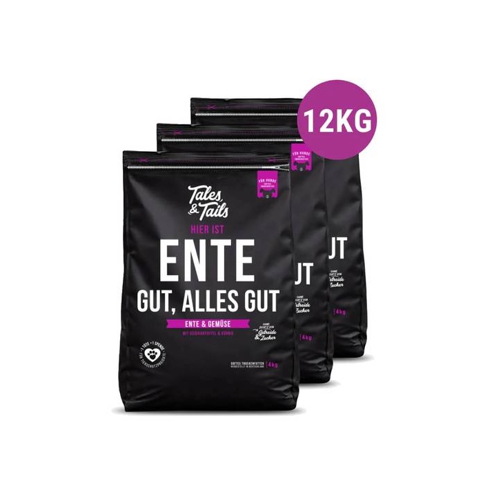 Tales & Tails minkštas sausas pašaras suaugusiems šunims (70% antienos) 4kg x 3