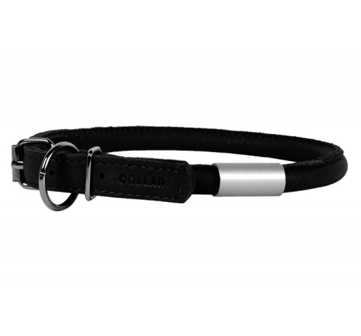 Leather Round Collar with Tag Black 13mm x 45-53cm
