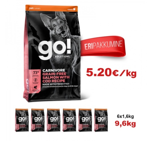6x GO! Carnivore Lõhe + Tursk Kuivtoit Koerale & Kutsikale 1,6kg (Parim enne 06/05/2023)