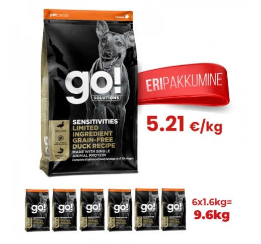 6x Go! Sensitivities Grain Free Duck Recipe for Dogs & Puppies 1,6kg (Best before 11/02/2023)