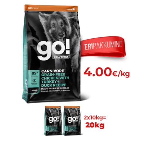 2x GO! Carnivore Kana, Kalkun + Part Kuivtoit Täiskasvanud Koerale 10kg (Parim enne 08.04.23)