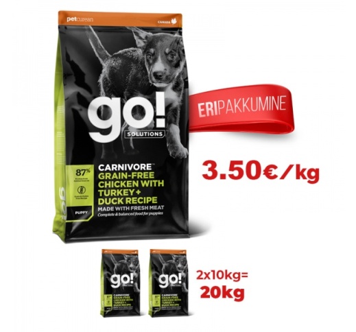 2x GO! Carnivore Chicken, Turkey + Duck Recipe for Puppies 10kg (Best before 06/05/2023)