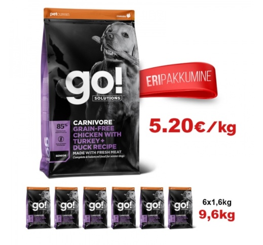 6x GO! Carnivore Chicken, Turkey + Duck Recipe for Senior Dogs 1,6kg (Best before 02/04/2023)