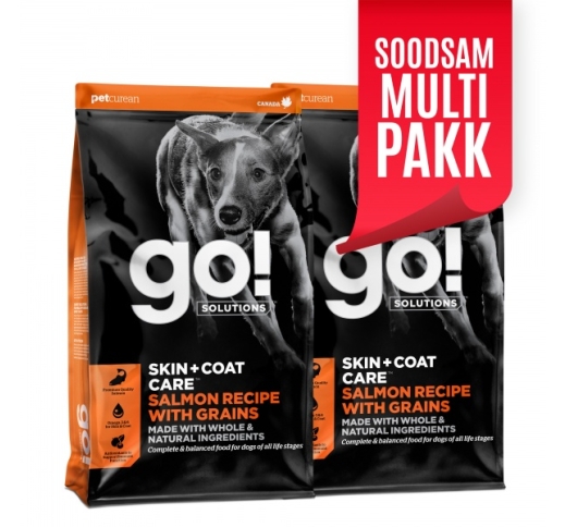 2x GO! Skin + Coat корм с лососем для собак всех возрастов 11.4кг (Best before 06/11/23)