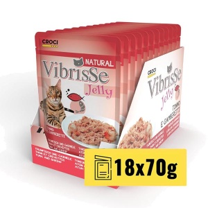 Vibrisse želė katėms su tunu ir krevetėmis, 70 g x 18